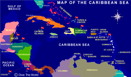 Map of the Caribbean Sea, including Cuba (click to enlarge in a new window)